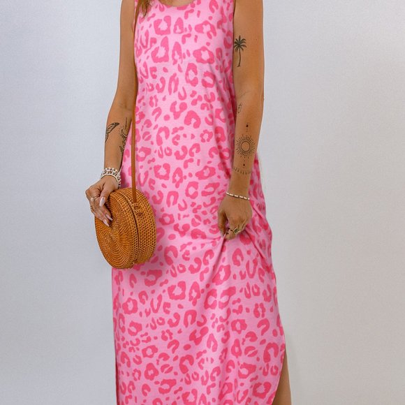 Pink Leopard Split Open Back Sleeveless Maxi Dress - Picture 2 of 4